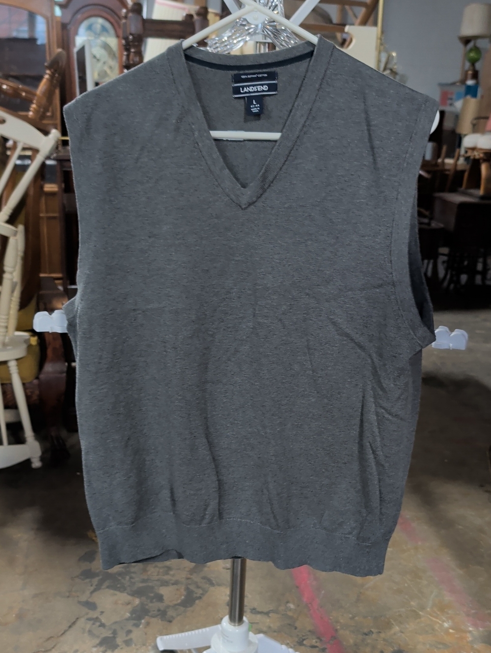 Lands' End Men's Supima Cotton Charcoal Gray V-Neck Sweater Vest